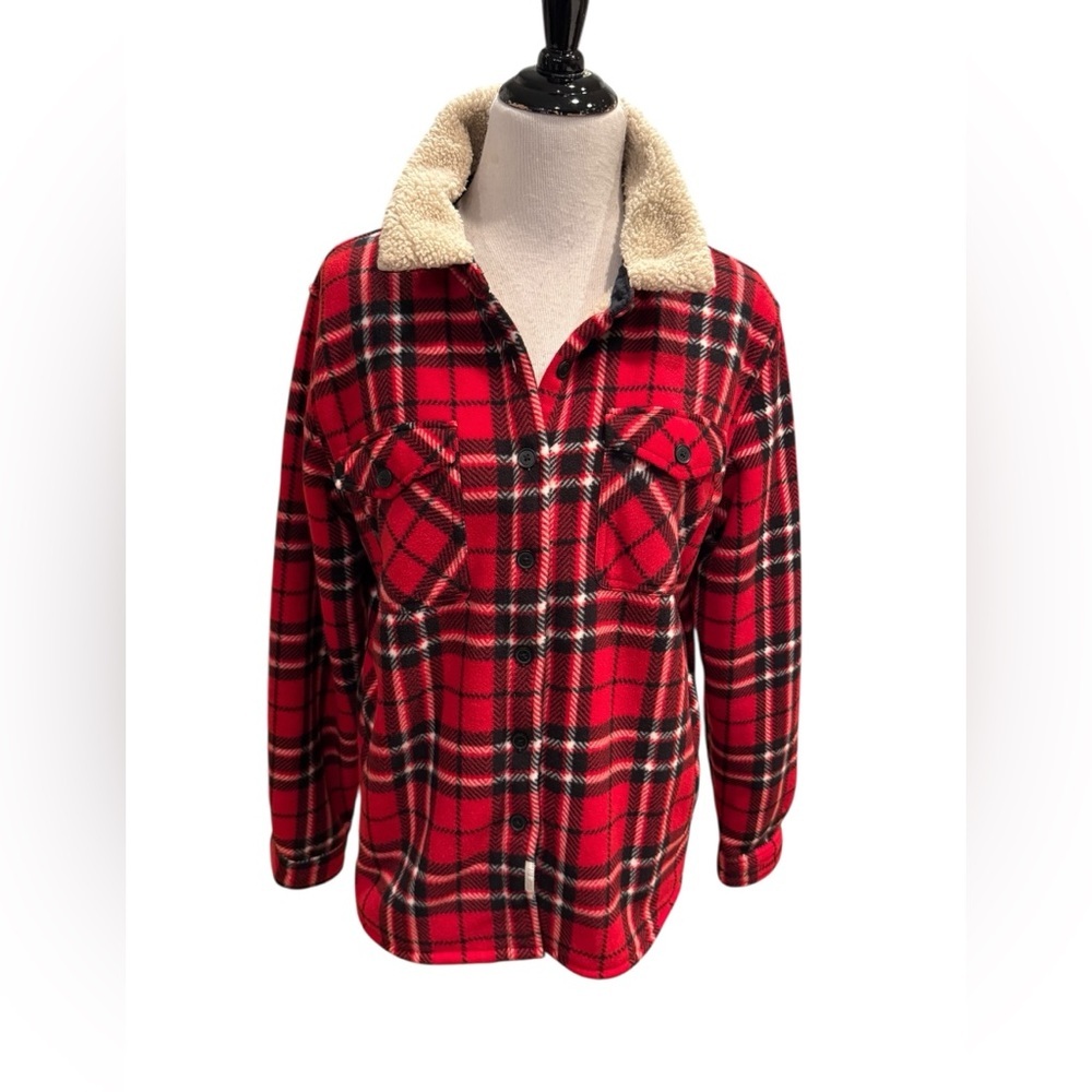 Soho Threads Shacket Women L Red Plaid Sherpa Lined Button Up Front Shirt Jacket